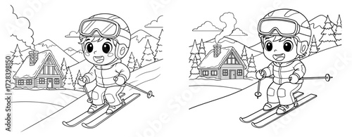 Vector art of cheerful skier boy cartoon character skiing downhill, winter sport activity