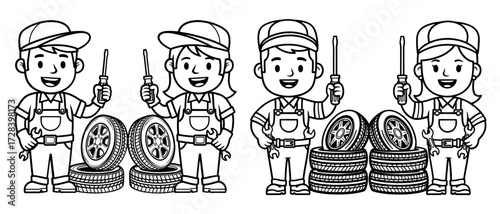 Vector art of cartoon mechanics standing with tires and tools auto repair service concept