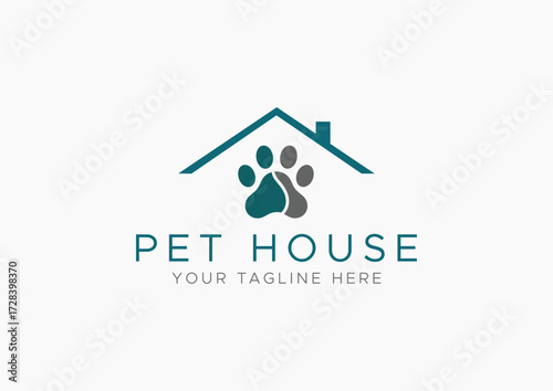 Pet House Logo Vector Illustrating Animal Care, Shelter with a Paw Print and Roof Outline in Teal and Grey