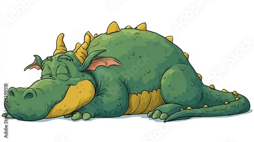 A cartoon depiction of a large, green, chubby dragon lying on its belly, fast asleep with its eyes closed, small horns, and a long tail, set against a white background