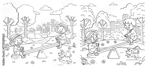 Vector art of cute children playing on a seesaw in the park, line art illustration