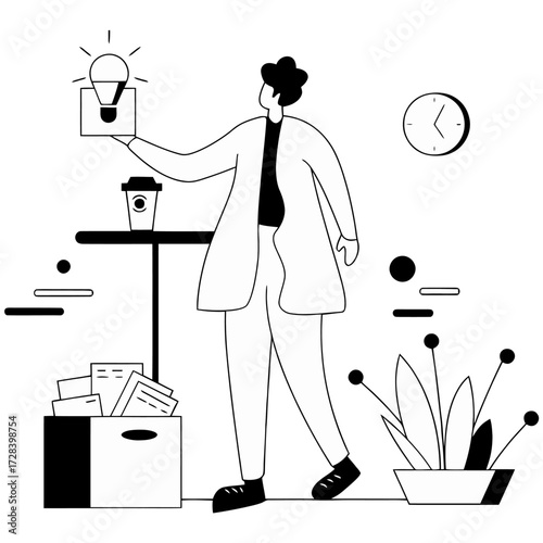Design office worker idea lightbulb time management plant documents box coffee break illustration concept verctor art illustration png