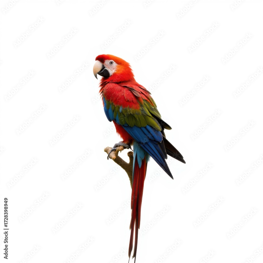 Fototapeta premium Vibrant Scarlet Macaw Perched on Branch Against White Background