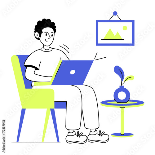 Design illustration laptop desk chair table plant picture work space home office modern design interior art verctor art illustration png