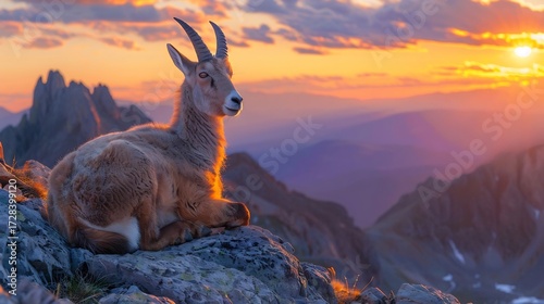 Schilderij op canvas Ibex resting on a rocky peak overlooking a mountain range at sunset with a vibra