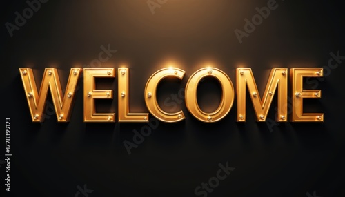 Bright Gold Welcome Sign with Light Bulbs on Dark Background