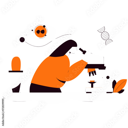Design scientist using microscope cell biology research dna analysis laboratory science medical discovery 100 verctor art illustration png
