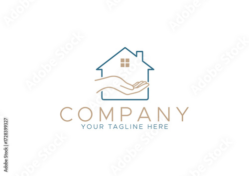 Minimalist Line Art House on Hand Logo, Home Care, Insurance, Shelter, or Community Service Brand Vector