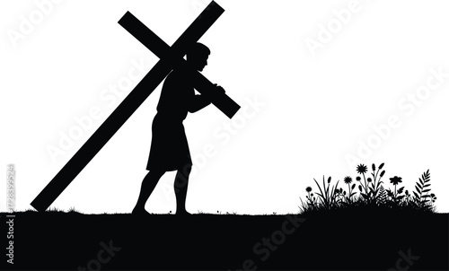 Black silhouette of man carrying cross on shoulder, Christian faith concept, religious spirituality, sacrifice, suffering, hope, worship vector illustration