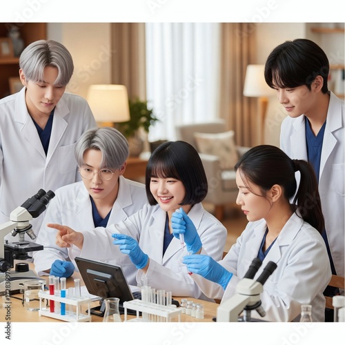 Group of young asian scientists or medical students collaborating in a home or lab setting