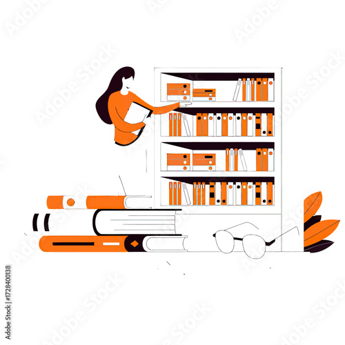 Design woman reading books bookshelf library knowledge education learning study literature book reading study room verctor art illustration png