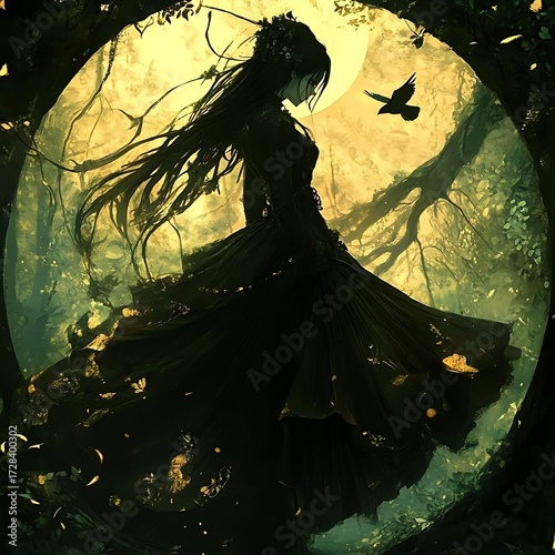 Silhouette of a woman in a dark dress with a bird flying in front of a moonlit background scene on transparent background