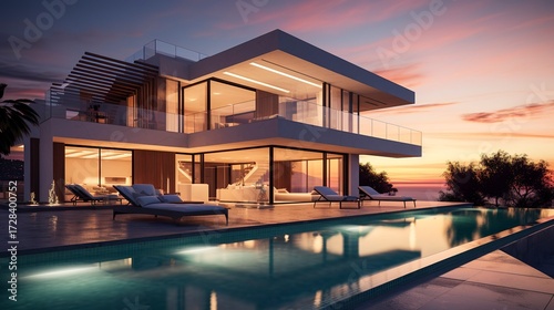 A photo of a sleek modern triple-story villa at sunrise. ,