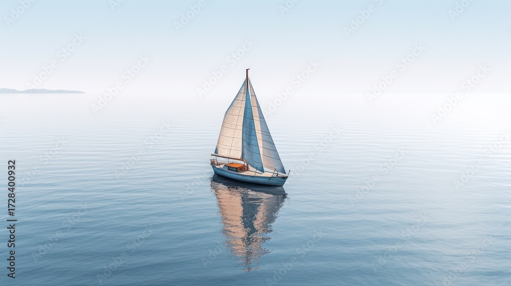 Fototapeta premium sailing boat, peaceful sea, calm water, serene landscape, tranquil scene, minimalist art, monochrome, simple design, clean composition, atmospheric lighting, beautiful scenery, horizon line, outdoor n