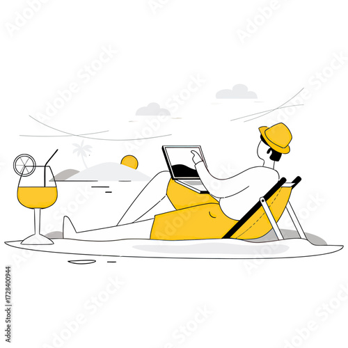 Design man working on laptop on beach chair with cocktail summer vacation remote work digital nomad lifestyle concept verctor art illustration png