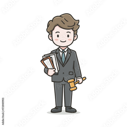 Cartoon Style Illustration of Young Lawyer Holding Document and Gavel Character
