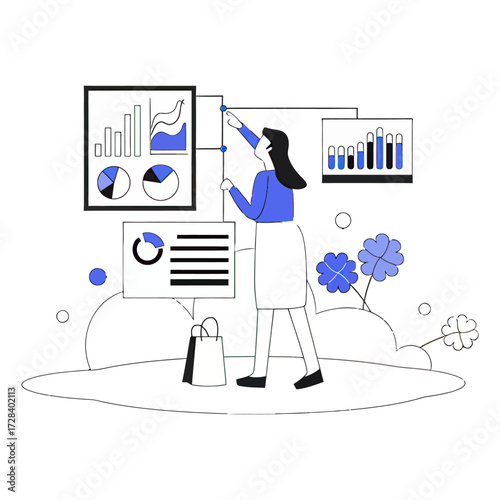 Design data analysis charts graphs business woman analytics reports marketing strategy financial planning statistics verctor art illustration png