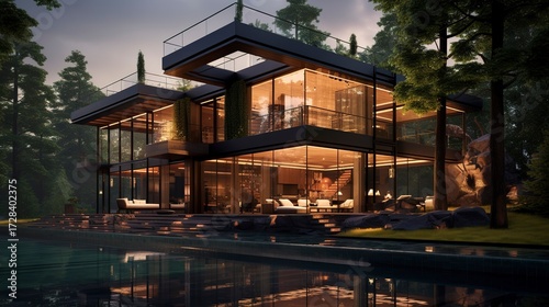 A photo of a sleek triple-story glass house.