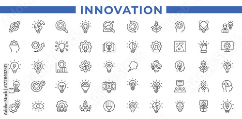 Innovation and Research Line Icons – Creative Thinking, Problem Solving, Future Technology, and Business Strategy Vector Outline Icon Set