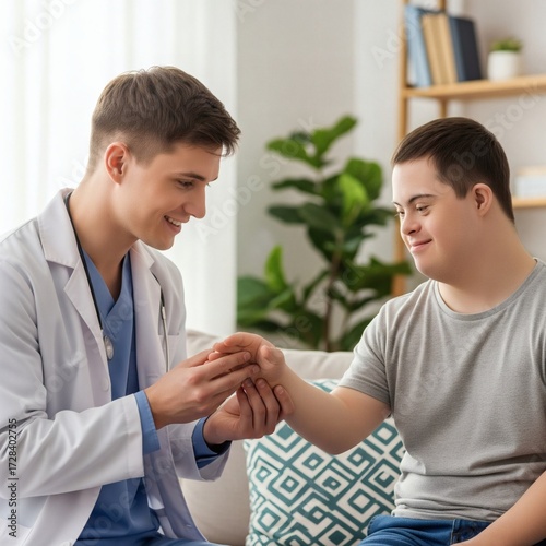 Smiling young doctor examining the hand of a happy young man with down syndrome during a home visit