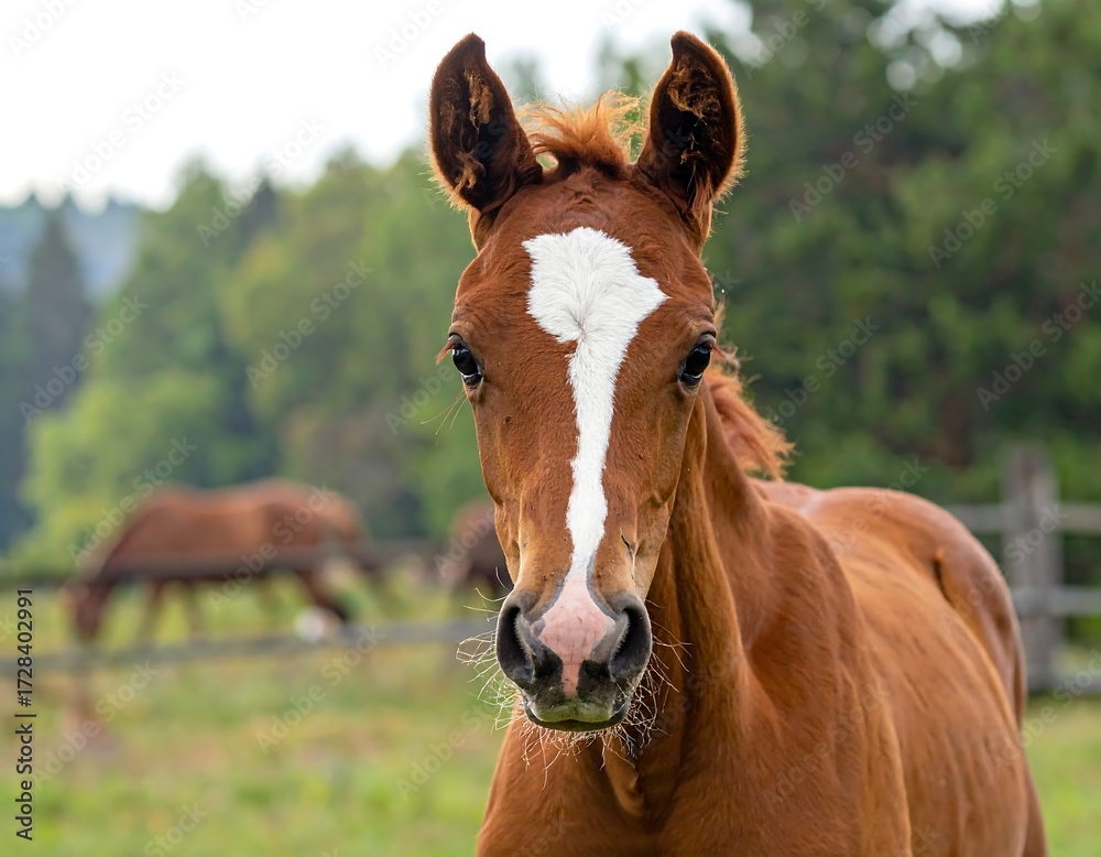 Fototapeta premium Young Chestnut Foal Facing Forward in a Pasture