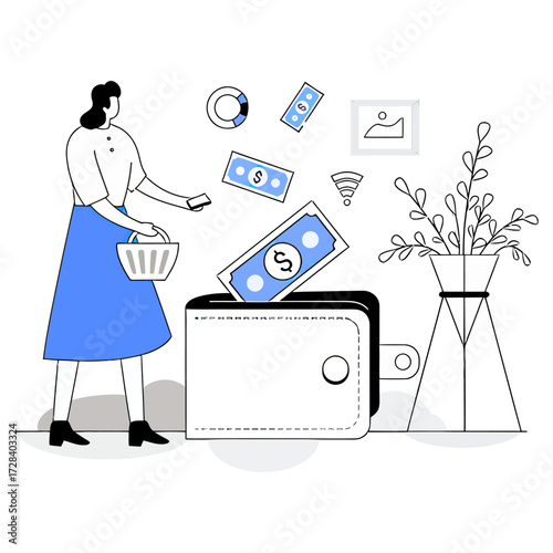 Design woman wallet money finance shopping basket investment currency income savings earnings economy cash flow verctor art illustration png