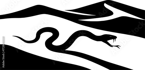 Silhouette of snake slithering on desert sand dunes