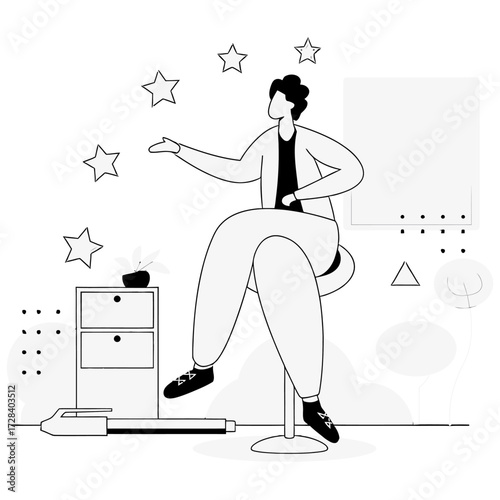 Design illustration of man reaching for stars with cabinet and paper in black and white minimal design art verctor art illustration png