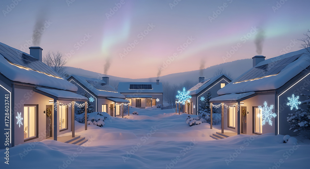 Fototapeta premium Cozy winter village bathed in twilight and aurora borealis glow.