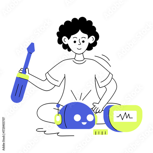 Design robot repair tools screwdriver tape measure cartoon illustration technology service maintenance engineering work verctor art illustration png