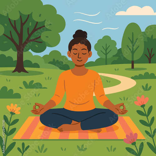 Young woman practicing yoga with a serene expression in a lush green park