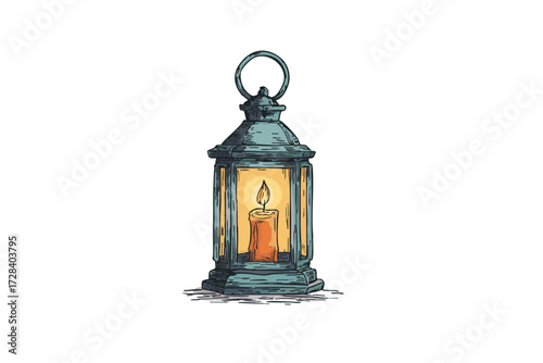 Vintage Engraved Lantern With Candle Light Illustration Decorative Element