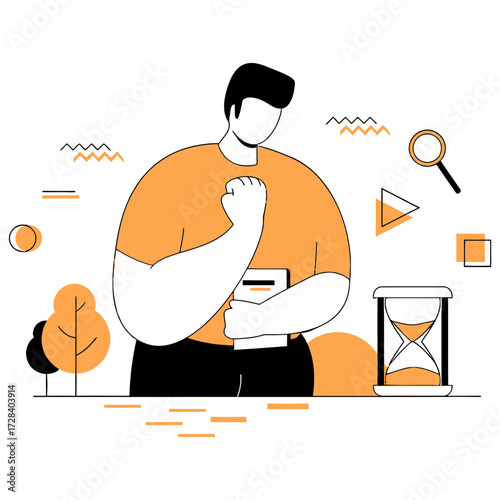Design time management illustration concept for productivity focus and efficiency with hourglass and book reader man verctor art illustration png