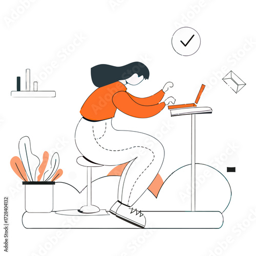 Design woman working laptop exercise bike fitness health lifestyle wellness productivity remote work stationary bike job verctor art illustration png
