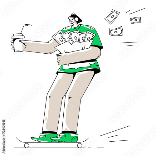 Design illustration of person in green and black shirt pointing with hand on black background digital art verctor art illustration png