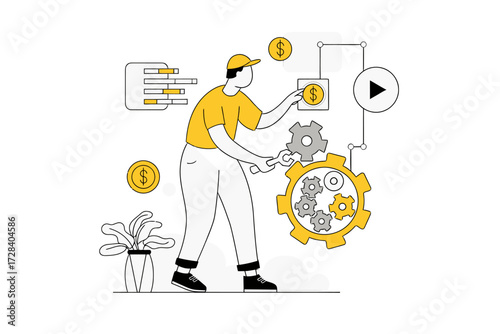 Design mechanic gear money finance investment business growth strategy development automation technology process verctor art illustration png