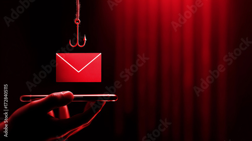 Smishing attack, sms spam phishing from scammer, concept. Red envelope with hook icon in criminal hacker hand who use mobile smart phone cyberattack sending scam malware spreading virus text message 
