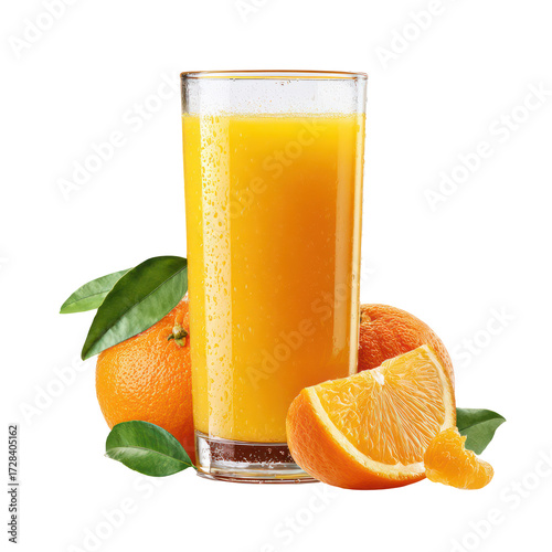 Glass of fresh orange juice with whole and sliced oranges isolated on transparent background