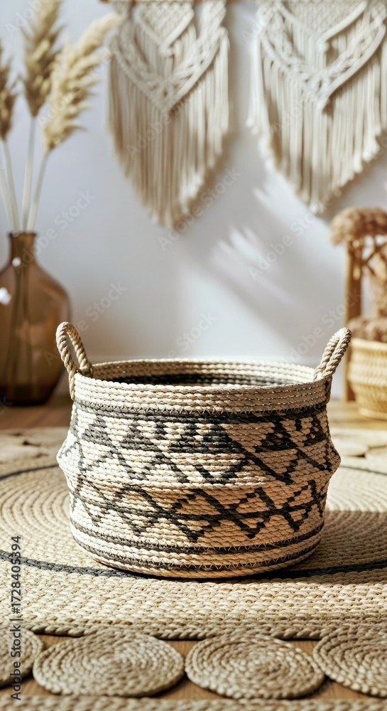 Fototapeta premium Bohemian Home Decor Blank Woven Basket Mockup on Earthy Minimalist Floor