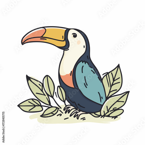 Hand Drawn Cute Toucan Bird with Leaves Illustration Graphic Element