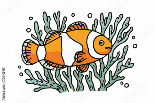 Cute Handdrawn Clownfish Swimming in Sea Anemone Marine Animal Illustration