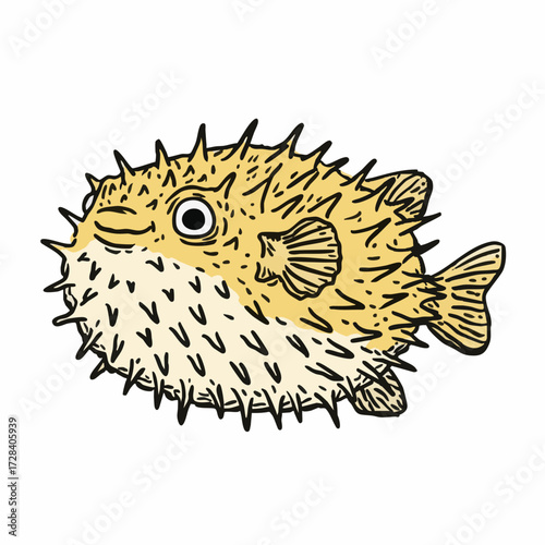 Handdrawn Detailed Pufferfish Tropical Underwater Wildlife Creature Marine Animal