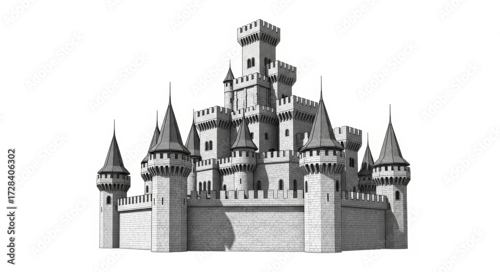 Fototapeta premium Gray Medieval Castle with Multiple Towers and Conical Roofs in a Digital Illustration
