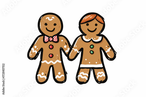 Hand Drawn Couple Gingerbread Man Character for Christmas Holiday Season