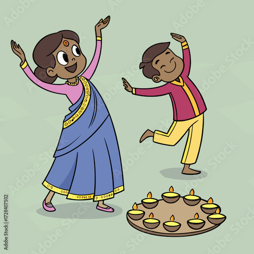 South Asian Kids Dancing Around Diyas Cartoon Illustration