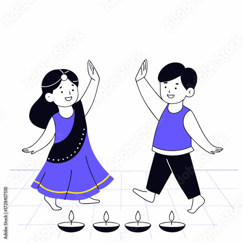 South Asian Kids Dancing Around Diyas Cartoon Illustration