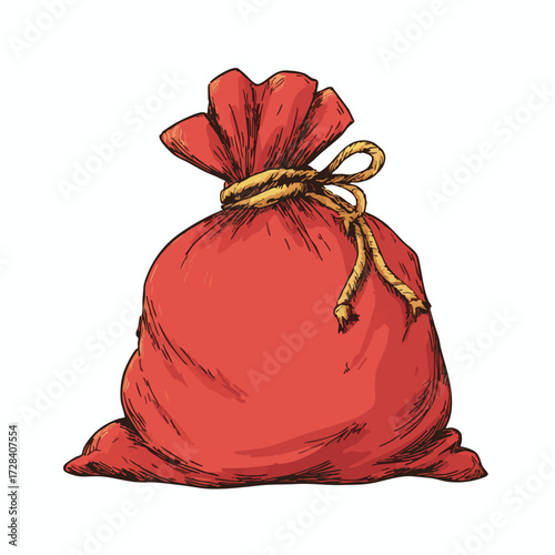 Handdrawn Red Sack with Rope Drawstring for Treasure Storage Illustration