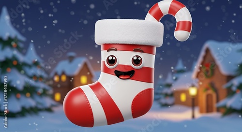 Animated festive sock with a happy face against a winter village background