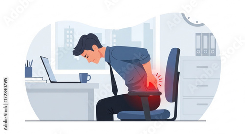 Man in office chair experiencing back pain with desk laptop and office background with city view outside window created with generated ai