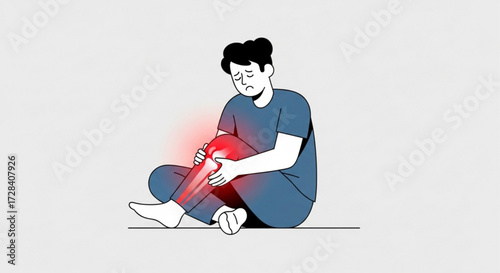 Illustration of a seated man holding his painful knee with red highlighting the injured area on his leg created with generated ai